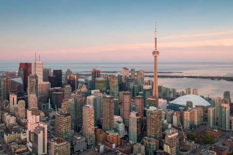 Aerial view of Toronto Financial District at sunset