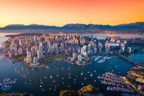 Aerial view of downtown Vancouver skyline, British Columbia, Canada at sunset